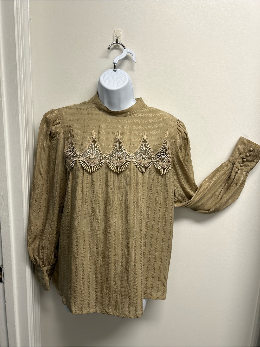 Anne Crimmins vintage Women's High-Neck Long Sleeve Blouse in Golden Taupe
